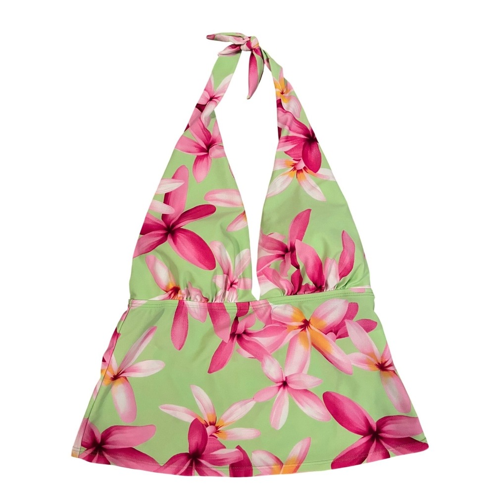 Sessa Green Pink Floral Halter Tankini Swim‎ Top Padded Size 8 Tropical Hawaiian - Picture 2 of 9
